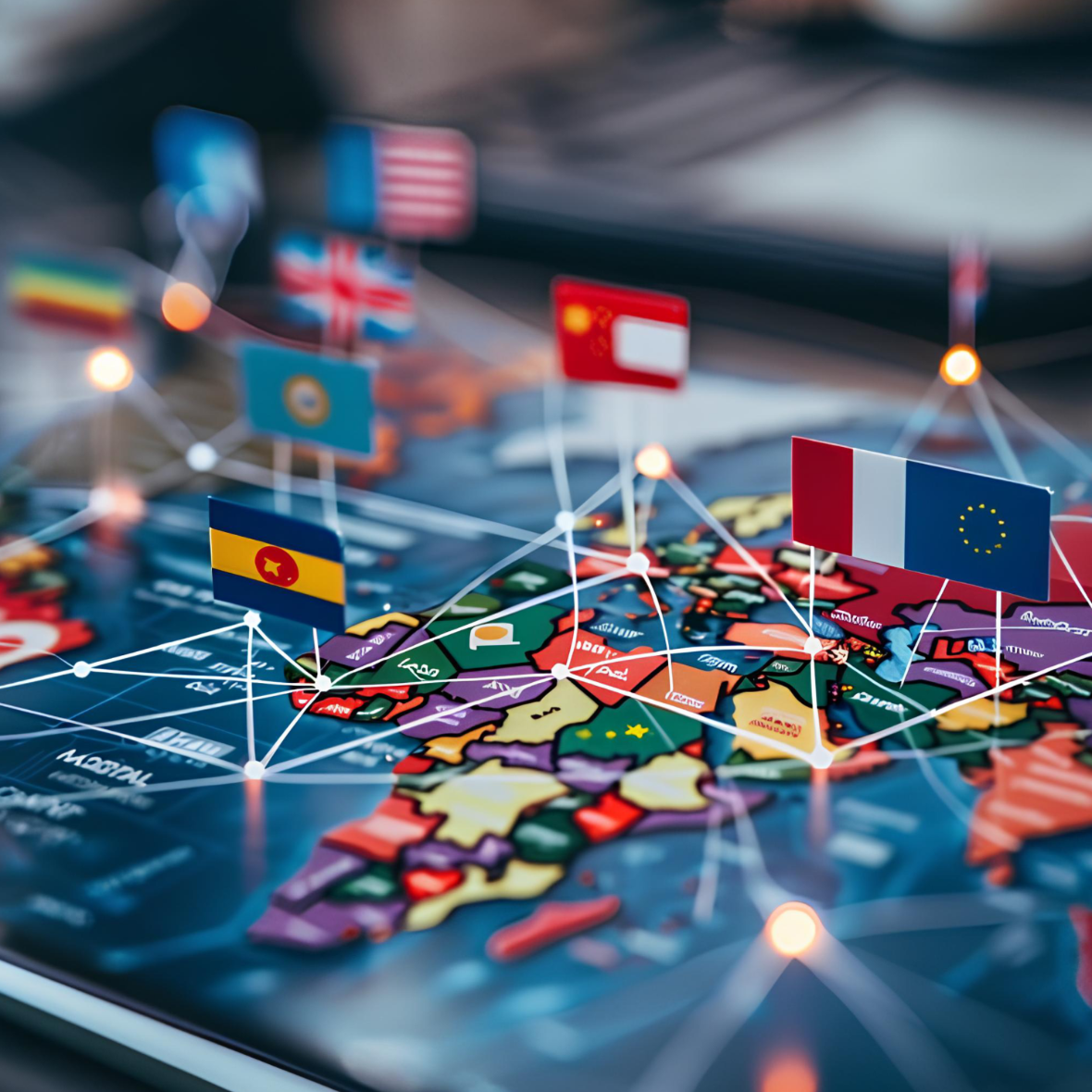 Map of Europe with national flags and digital connection lines, representing global freight forwarding routes and an interconnected logistics network.